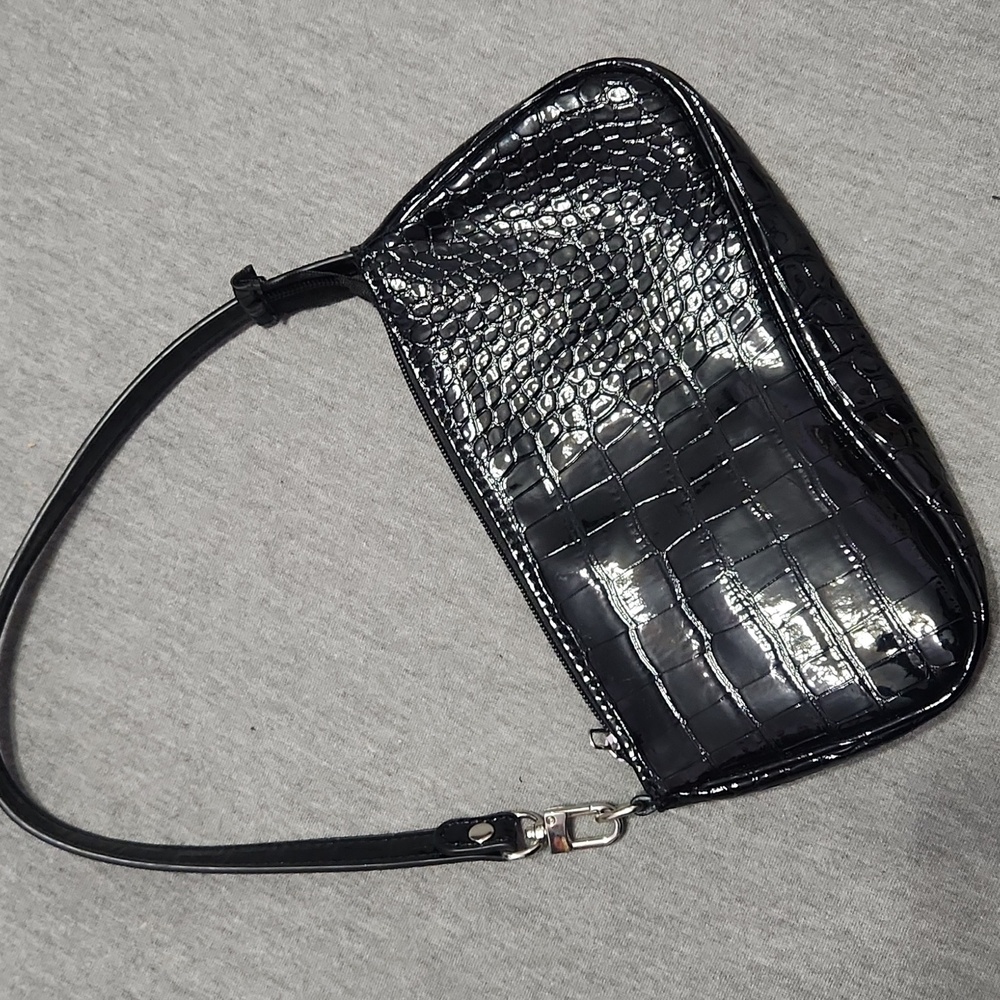 Vintage Y2K Black Faux Patent Leather Snakeskin Mini Clutch Handbag Purse - Picture 3 of 10